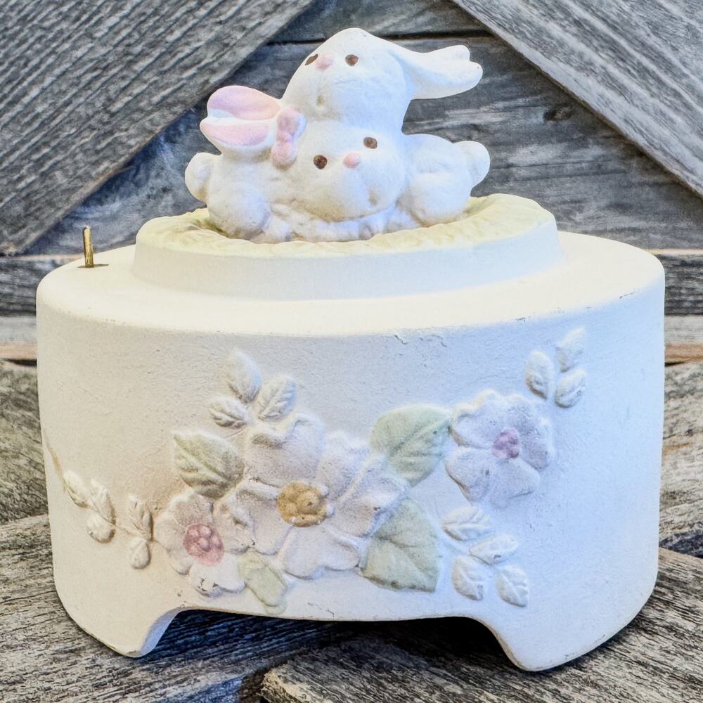 1970, Ceramic Cream Bisque Easter Bunny Music Figurine-Plays “Peter Cotton Tail”